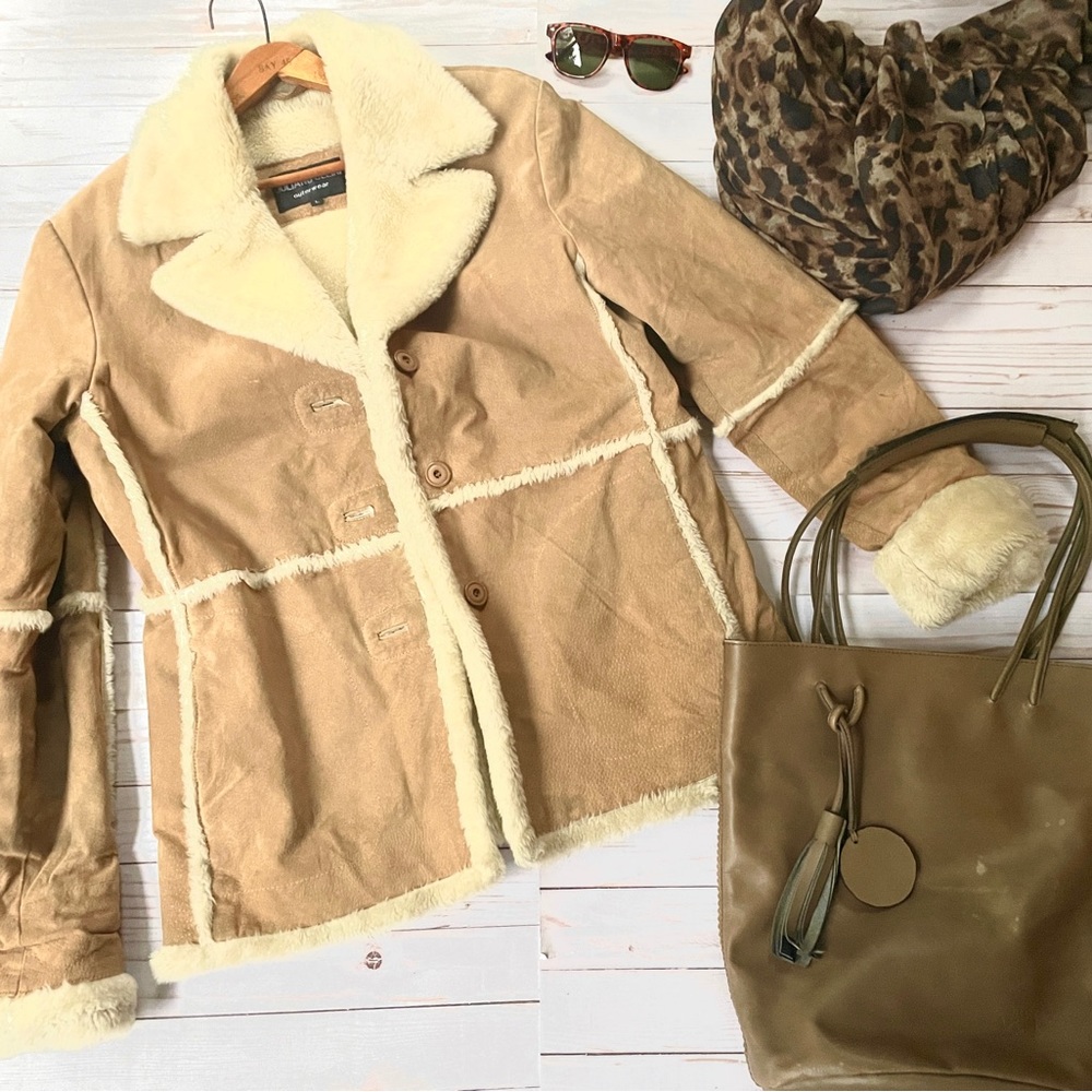 Vintage Juliano Celini genuine leather Faux Shearling Camel Coat Western Boho